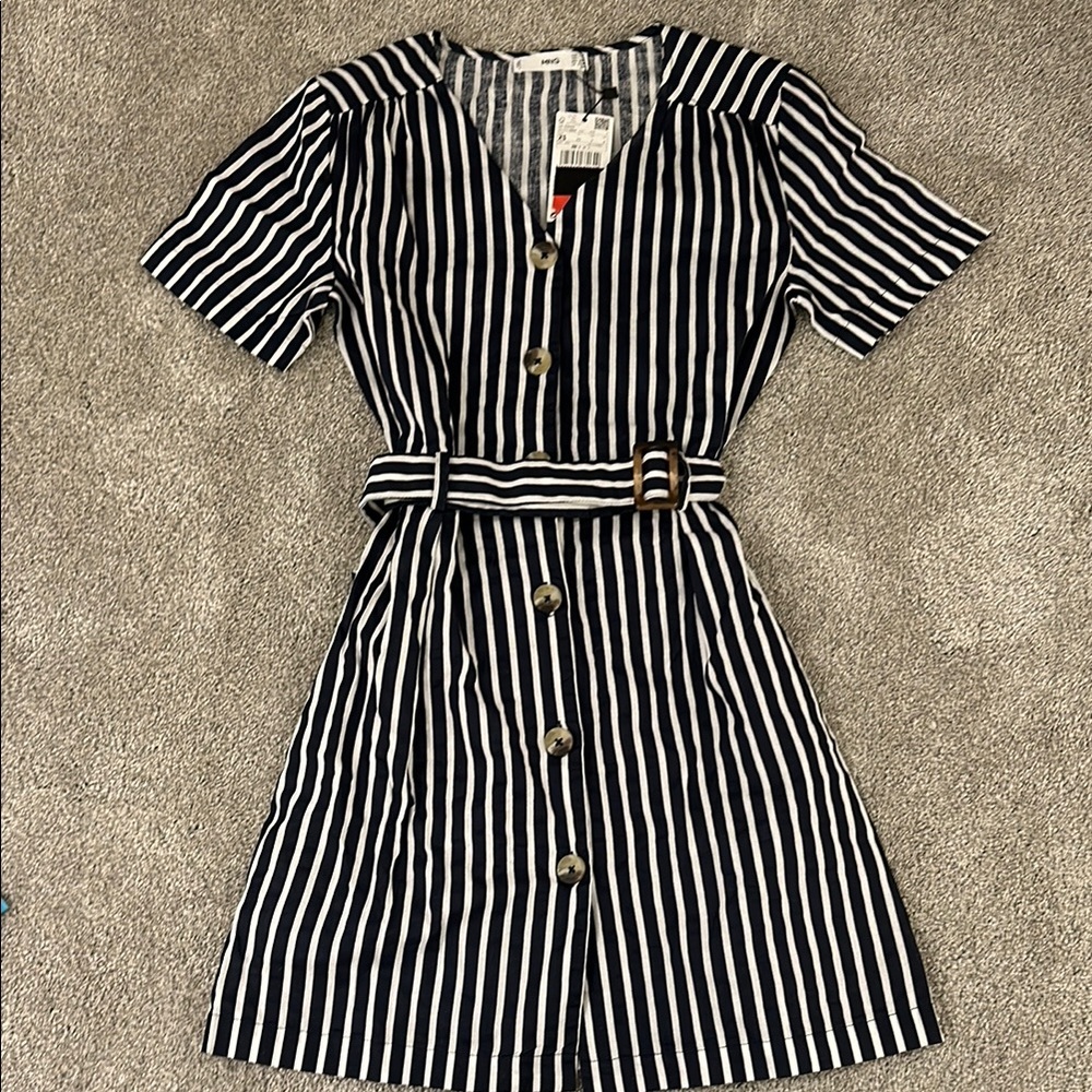 MNG (Mango) Striped Navy and White Button-Down Dress